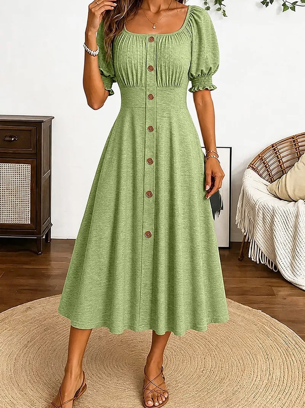 Sage Button-Front Midi Dress with Puff Sleeves